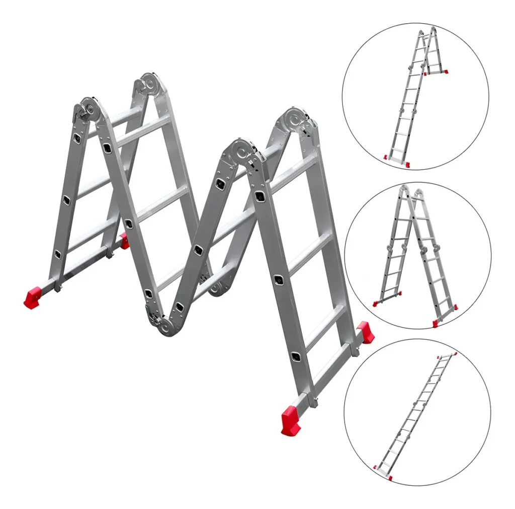 Modelos articulados 3×4 com cerca de 12 degraus são ideais para quem quer uma escada eficaz para atividades domésticas e manutenção geral. Sua altura ajustável, até 3,26 m, e estrutura leve, menos de 11 Kg, facilitam o manuseio e o transporte. Umas das melhores escadas articuladas. 