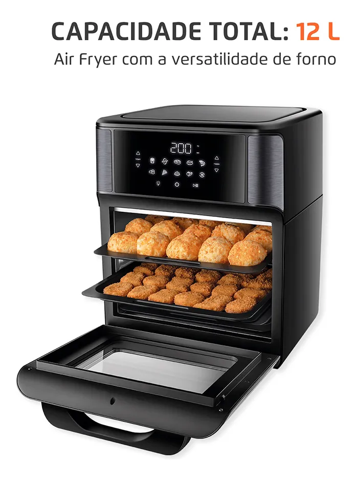 Air fryer do tipo forno com grande capacidade e ótimo custo-benefício. Possui 12 litros de espaço, cesto antiaderente de fácil limpeza e painel digital intuitivo, perfeito para quem quer mais praticidade no dia a dia.